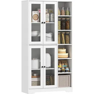 HOMCOM Küchenschrank Buffetschrank mit 4 Soft-Close-Glastüren, 6 offenen Fächern, Moderner Hochschrank mit Verstellbaren Einlegeböden, Vorratsschrank, 90 x 35 x 172 cm, Weiß - Weiß