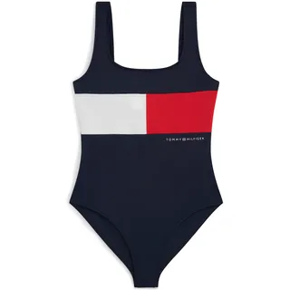 Badeanzug, Damen, Gr. 152/158, N-Gr, schwarz night navy, Microfaser, Obermaterial: 80% Nylon, 20% Elasthan, TOMMY HILFIGER SWIMWEAR, Badeanzüge Badeanzug, mit quadratischem Ausschnitt, ungepolstert