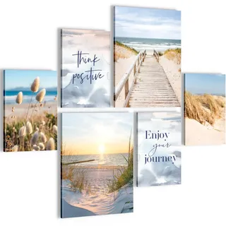 Novart Wandbilder Set Strand Meer Boho Blau Beige - KEIN EXTRA RAHMEN BENÖTIGT - Modern Deko - Wohnzimmer Schlafzimmer Flur N034763b