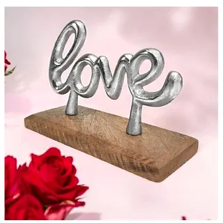 com-four® Deko Schriftzug "LOVE" aus vernickeltem Aluminium auf Mangoholz-Sockel mit Antirutsch-Pads - Dekorative Metall-Buchstaben zum Hinstellen