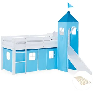 Homestyle4u Hochbett 90/200 cm in weiß Rutsche Blau Lattenrost , Textil , Kiefer , 90x200 cm , Babymöbel & Kindermöbel, Kinderzimmer & Jugendzimmer, Kinderbetten, Hochbetten