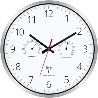 Koosome Funk Wanduhr Geräuschlos 30 cm Lautlos – Ohne Tickgeräusche, Modern mit Temperatur und Feuchtigkeitsanzeige Analoge Funk für Küche Wohnzimmer Schlafzimmer Büro(Silber)