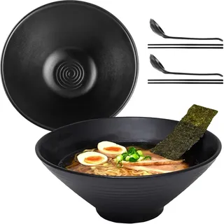 WEIWUXIAN 2 Stück 1500ml Ramen Schüssel aus melamin Japanisches Geschirr Ramen Set Ramenschüssel Asiatisches mit 24cm Essstäbchen und Löffel für Nudeln Suppen Salate Pasta Obst Sushi Pho (1500ml)