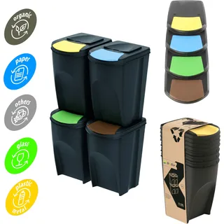 Mülleimer- 4er Set Mülltrennungssystem - Set aus 4x35L Abfalleimern in Schwarz Farbe zum Stapeln Kompakt Biomülleimer modulare und Licht Einfache Sortierung des Hausmülls Kunststoff - Schwarz