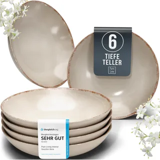 Steingut Suppenteller 6 Personen Rustic TESTSIEGER, Hochwertiges Landhaussttil Steingut Tiefe Teller Set, Pasta Teller Tief Groß - Pure Living in Beige