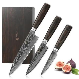 Wakoli EDIB Essentials 3er Küchenmesser Set mit 8-17cm Klingen I 67 Lagen Damaststahl I Chefmesser, Kleines Chefmesser und Officemesser I mit Fingerschutz & Holzbox