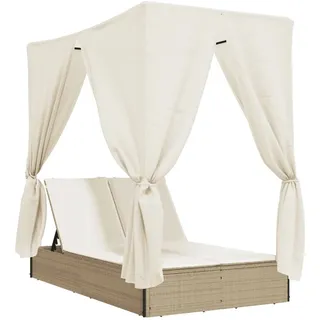vidaXL Doppel-Sonnenliege mit Dach und Vorhängen Beige Poly Rattan - Beige