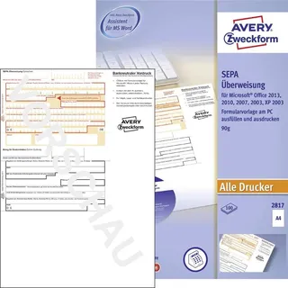 Avery Zweckform 2817 Sepa-Überweisung, (A4, inkl. Software-CD, von Rechtsexperten geprüft, für Deutschland, zum einfachen Erstellen von Überweisungen am PC, 100 Blatt) weiß
