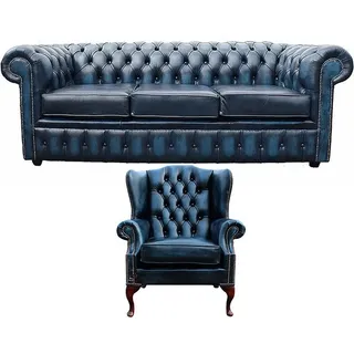 Sofagarnitur Chesterfield Polster Couch Sofa Leder Sitz Garnitur Ohrensessel - Dunkelblau