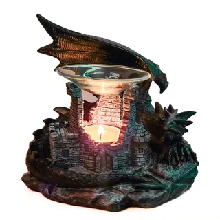 Kremers Schatzkiste Duftlampe Drache 22cm Aromalampe Burgruine Teelichthalter - für Ätherische Öle Duftwachs Duftöl Fantasy Deko Polyresin 19x22x18 cm Geschenk Wohnzimmer Duftstöfchen