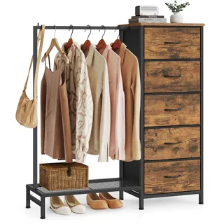 SONGMICS Kommode mit 5 Stoff Schubladen und Kleiderstange, Garderobenständer mit Kleiderstange und Schuhablage, 96,2 x 30 x 117,7 cm, für Schlafzimmer, Flur, Rustikales Braun LGS423K101