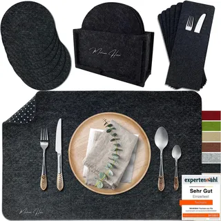 MAHEWA® 6er Set Premium Tischset Platzset aus Filz rutschfest Ab-waschbar und Waschmaschinenfest Eckige Platzdeckchen (Anthrazit - Weiss, 6er Set mit Zubehör)