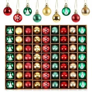 Anstore 63pcs Weihnachtskugeln, Schöne Christbaumkugeln Weihnachtsbaum Deko & Christbaumschmuck, 3cm-glänzend Weihnachtsdeko Weihnachtskugeln Rot&Grün&Gold
