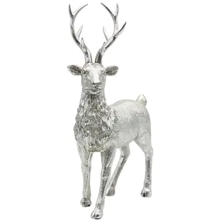 Dekohelden24 Keramik Dekofigur, Moderne Deko-Statue, Landhaus-Skulptur als Hirsch in Silber - Glitzer, stehend, L/B/H: 14 x 8 x 21cm