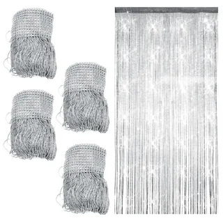 MIUUIPI 4 Stück Fadenvorhang Türvorhang, 100 x 200cm Glitzer Vorhang, Fliegenvorhang Balkontür, Fadengardine Fadenvorhang, Dekorativer Perlenvorhang für Hochzeit, Party Dekoration (Silbergrau)