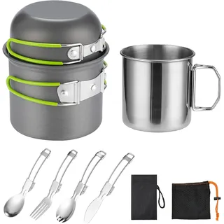 Camping Kochgeschirr Mess Kit für 1 Person, ISFORU Camping Antihaft-Kochset enthalten Rucksack Topf und Pfanne Set mit 304 Edelstahl Tasse und Utensilien Set für Reisen Trekking und Wandern