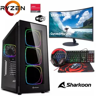 Gaming Komplett Set - Ryzen 5 5600G  6x4,4GHz - 8GB RAM - Radeon Graphics - Samsung Curved LCD LED Monitor - 4 in 1 Gaming Kit - RGB Echtglas Gehäuse
