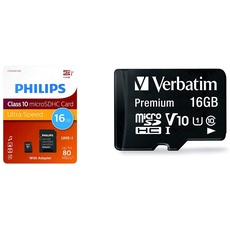 Philips Ultra Speed microSDHC Card 16GB + SD Adapter UHS-I U1 Reads up to 80MB/s A1 Fast App Performance V10 Memory Card for Smartphones & Verbatim Premium Micro SDHC Speicherkarte mit Adapter