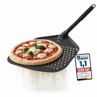 Pizza Lover® hochwertiger Pizzaschieber perforiert 30 x 30 cm Pizzaschaufel aus harteloxiertem Aluminium (Antihaft) Pizzaheber für hausgemachte Pizza & Brot ideal für Pizzastein, Backofen & Grill