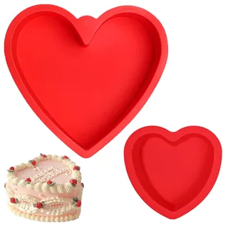 2PCS Silikon Herzbackform,Kuchenform Herz Ø 26cm&17cm,Silikon Kuchenform Groß Antihaft,Herz Silikonform für Kuchen Pudding und Gelee zu Schaffen,Rot