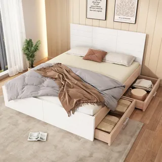 Merax Doppelbett Holzbett 140x200 cm mit 2 Schubladen, Modernes Bett inkl. Lattenrost und Bettgestell, Stauraumbett aus Massivholz, Weiß + Eiche - Weiß