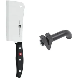 ZWILLING Twin Pollux Hackmesser, Klingenlänge: 15 cm & Twinsharp Messerschärfer für Grob- und Feinschliff, Mit voreingestelltem Schleifwinkel, Schwarz [Made in Germany]