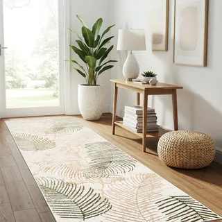 TAPISO Crystal Teppichläufer Kurzflor Glänzend Beige Gold Creme Grün Weiß Palmen Exotische Blätter 3D Effekt Abstraktes Muster Wohnzimmer Schlafzimmer Modern Design ÖKO-TEX 100 x 300 cm