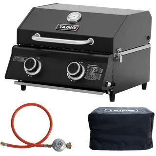 TAINO Platinum Compact Tischgrill Dark + Gasdruckminderer und Abdeckhaube