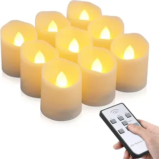 Aoreun led kerzen outdoor, led wachskerzen, 9 Stück teelichter led mit timer mit fernbedienung, flackernde flamme mit Batterie, 6 Stunden an und 18 Stunden aus für Halloween Hochzeit - Warmweiß