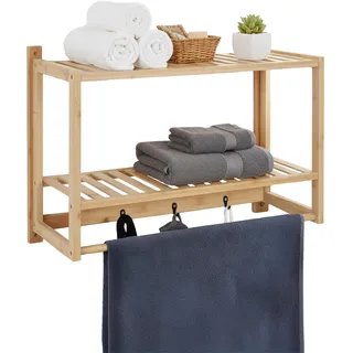 Relaxdays Wandregal Bad, HxBxT: 40 x 60 x 23,5 cm, Bambus, Handtuchstange, 3 Haken, Hängeregal Badezimmer & Küche, Natur