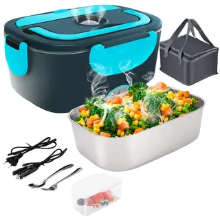 Elektrische Lunchbox 4 in 1 12V/24V/220V~240V, 1.5L 60W Lunch Box Elektrisch Edelstahl Speisenwärmer für Auto, LKW, Büro & Zuhause, Thermo Lebensmittelbehälter mit Gabel, Löffel & Isoliertasche