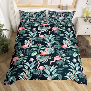 Homewish Rosa Flamingo-Bettwäsche 135x200 Tröster für Mädchen und Frauen Grüne Palmenblätter Druck Nette Tierdekoration Sommerthema Bettbezug