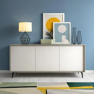 Dmora - Kommode Fresia, Buffetschrank mit 3 Türen und 1 verstellbarem Regal, elegantes Wohnzimmer-Sideboard, TV-Schrank, 100 % Made in Italy, 184 x 45 x 77 cm, Weiß und Zement