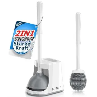Toilet-Bürste-Set, weiß, Silikon, mit Randreiniger und Entstopfer - Weiß