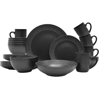 ECHTWERK 20-teiliges Vintage Kombiservice "BlackStyle" Modern-Design, für 4 Personen, Geschirrset aus Steingut mit 4 x Speiseteller, 4 x Beilagenteller, 4 x Schüssel, 4 x Teetassen, 4 x Suppenteller