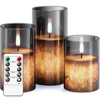 salipt LED Kerzen mit Fernbedienung Timer Funktion mit Glas Tasse, Flackernde Flammenlose, Echtwachskerze, Batteriebetrieben - Grau