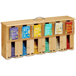 Relaxdays Teebeutelspender, 6 Fächer, Teebeutel Aufbewahrung, Bambus, Teebox, HxBxT: 22 x 46,5 x 10,5 cm, natur/silber