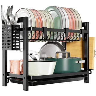 2-stufiges Geschirr Abtropfgestell Schwarz Edelstahl Utensilienhalter 2-tier
