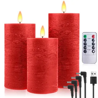 PinnWaa Wiederaufladbare Led Kerzen, [3 Stück] Aufladbar Kerzen Kerzenhalter mit 10-Tasten Fernbedienung Timer, Realistisch Flammenlose Echtes Wachs Flackern Wick Yellow Light Pillar Candles - Rot