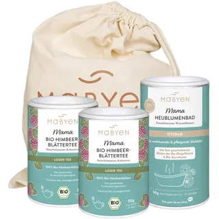 MABYEN Mama Geburtsvorbereitungsset | mit 2 x Himbeertee und 1x Heublumenbad - 3 Produkte + Stoffbeutel - Geschenkset - Set für die Schwangerschaft - Bad - Geburtsvorbereitung