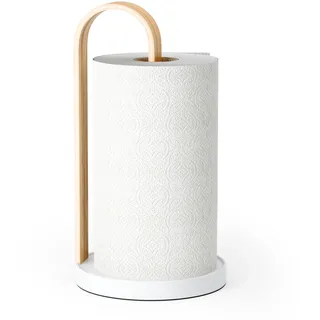 Umbra Bellwood Küchenrollenhalter stehend – Küchenpapierhalter mit stabilem Metallfuß und Echtholzständer, Weiss/Natur