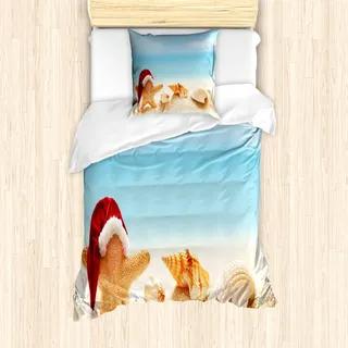 ABAKUHAUS Weihnachtsmann Mantele, Seestern exotischer Strand, Milbensicher Allergiker geeignet mit Kissenbezügen, 135 cm x 200 cm - 80 x 80 cm, Blassblau Sand Braun Rot - Beige, Braun, Rot