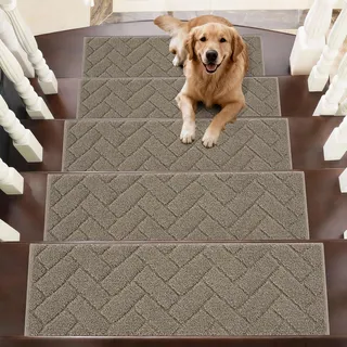 BEQHAUSE Stufenmatten, Anti-Rutsch-Treppenläufer Treppenstufen für hölzerne Schritte Innen Maschine waschbar 22x70cm Treppenstufen mit TPE - Rücken, für Kinder Ältere Haustiere, Beige, 15 Stück