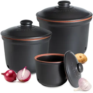 ROMERTOPF Kartoffeltopf & Zwiebeltopf 3er Set – Vorratsdosen aus Keramik für Kartoffeln, Zwiebeln & Knoblauch – atmungsaktiver Ton hält Gemüse länger frisch – Schwarz