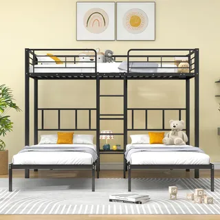 STILVORA Dreierbett 90x200cm*3 mit drei Matratze Etagenbett mit Leiter für Kinder Hochbett mit Jugendliche Eisenbett Bettgestel mit Fallschutzgitter und Tisch ,Schwarz - Schwarz