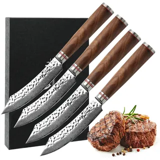 Wakoli Nussbaum Damast Steakmesser-Set I 12,5 cm Klingen I Nussbaumgriffe
