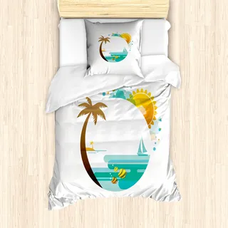 ABAKUHAUS Strand Bettbezug Set für Einzelbetten, Tropischer Paradies Sommer, Milbensicher Allergiker geeignet mit Kissenbezug, Türkis Ringelblume Braun - Türkis