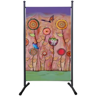 Quick Star Paravent Raumteiler, 180 x 78 cm, Retro Blumen, Sichtschutz, für Balkon und Garten