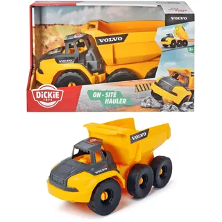 Dickie Toys Volvo Muldenkipper, Spielzeug Kipplaster mit Freilauf, bewegliche Gelenkachse hinter Führerhaus, bewegliche Ladefläche, offene Kabine, 26 cm, gelb/grau