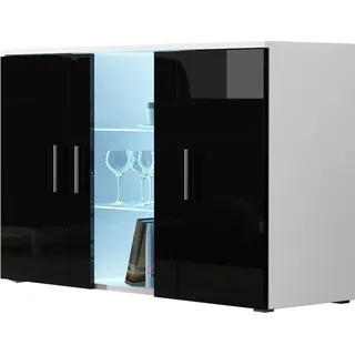 Furniture24 Kommode mit Blauer LED Beleuchtung SOHO S7 Sideboard Schrank Wohnzimmerschrank mit 3 Türen Weiß/Schwarz Hochglanz - Schwarz